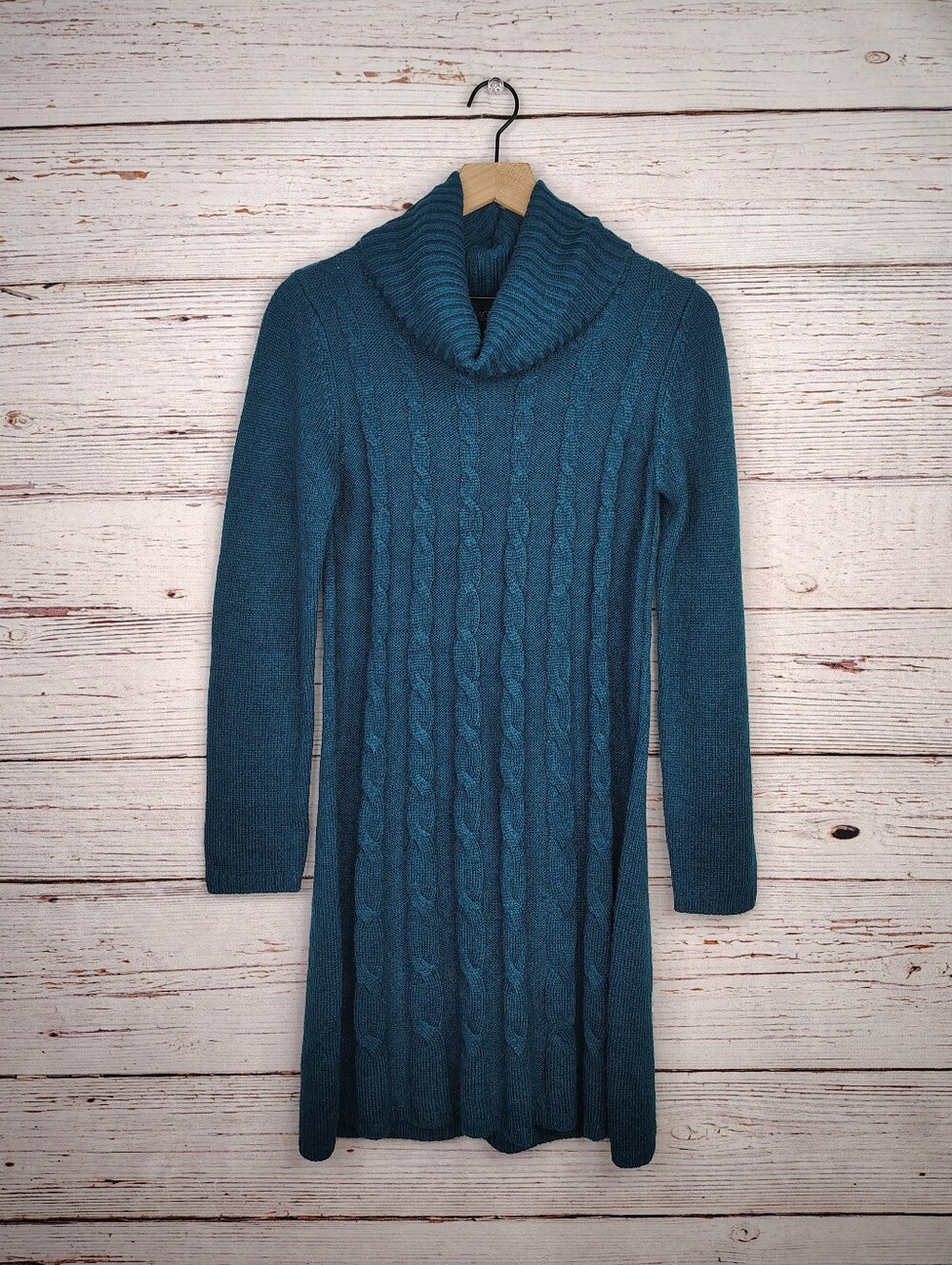 AGB Teal Cable Knit Cowl Neck Sweater Dress